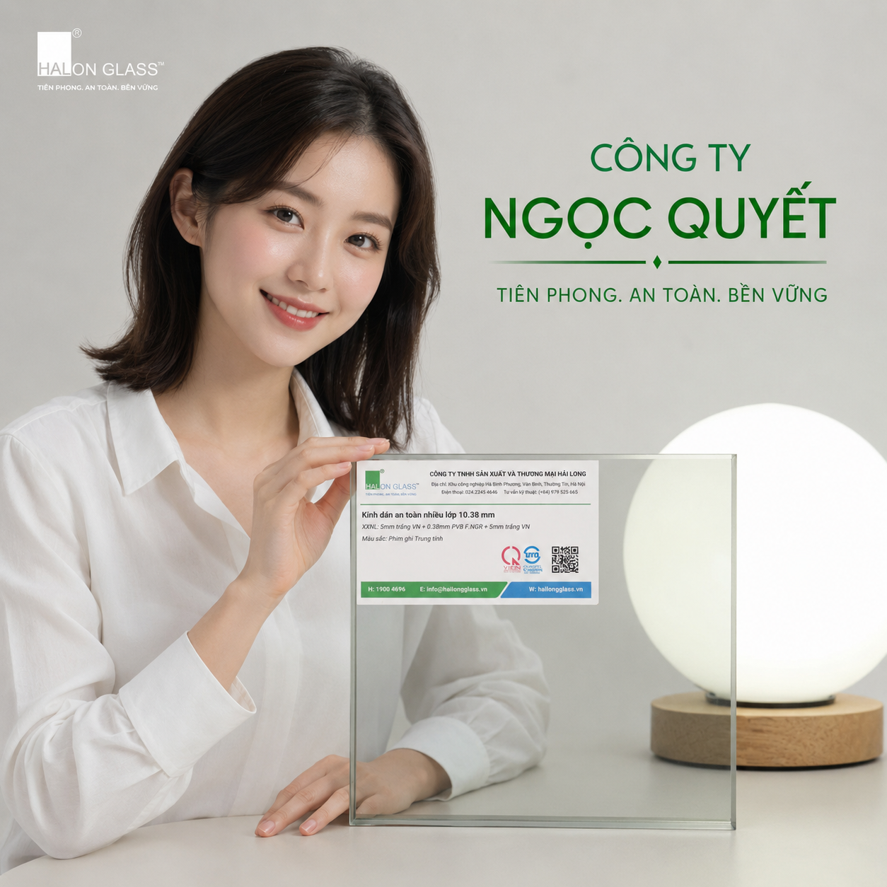 Cô gái cầm tấm kính an toàn nhiều lớp Halon Glass của công ty Ngọc Quyết trên bàn làm việc